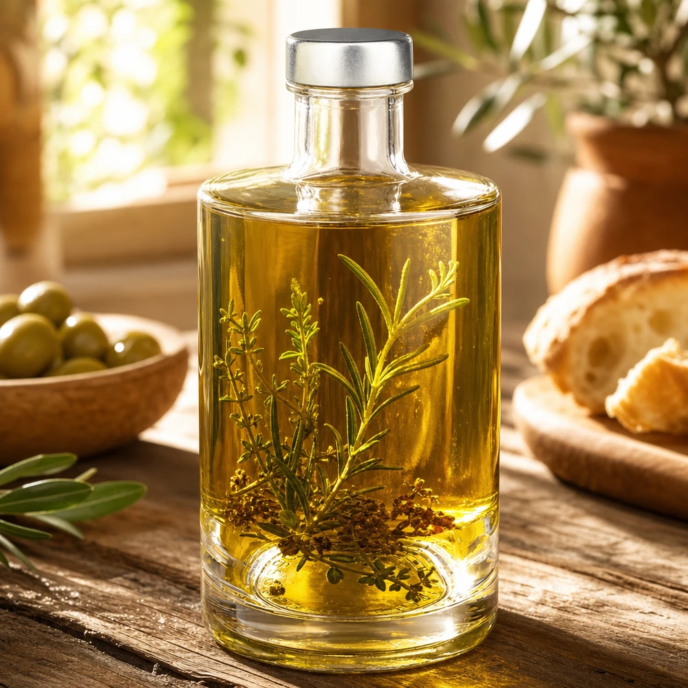 375 ml glasflaske »Sam« og skruelåg sølv UNiTWIST® 375ml Glasflasche Sam mit Kräuteröl und Rosmarin gefüllt - dekorative Spirituosenflasche für Küche und Genuss
