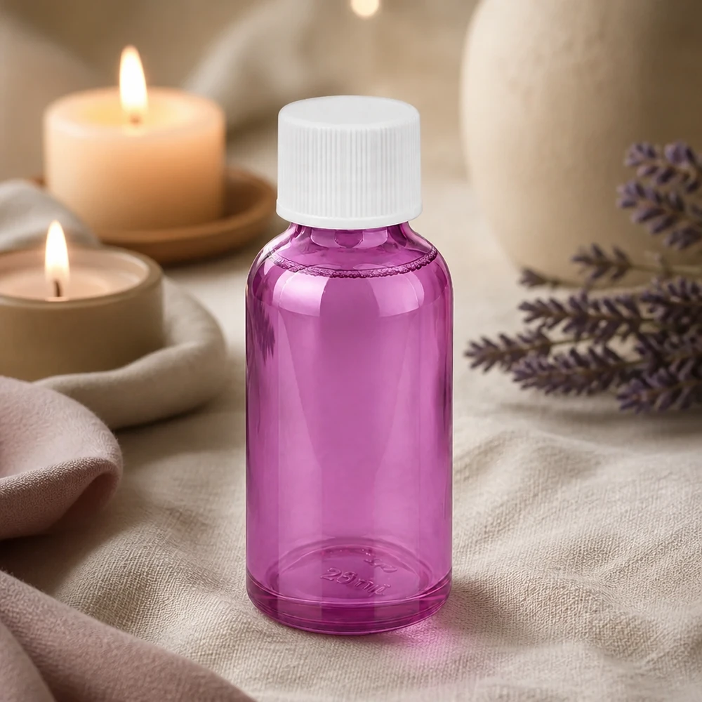 30 ml flaske 11 mm skruelåg hvid standard PurpleLine UT18/30 Kompakt 30 ml violet glasflaske med hvid hætte til kosmetiske produkter og serummer