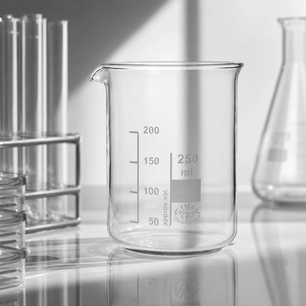 Bæger 250 ml borosilikatglas, lav form Præcist 250 ml målebæger lavet af gennemsigtigt borosilikatglas til nøjagtig volumenmåling