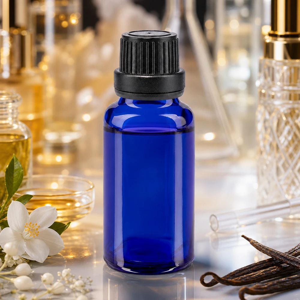 Apoteksflaske blå 20 ml skruelåg sort tæt OV Koboltblå 20 ml glasflaske med sort skruelåg (11 mm) i parfume-stil