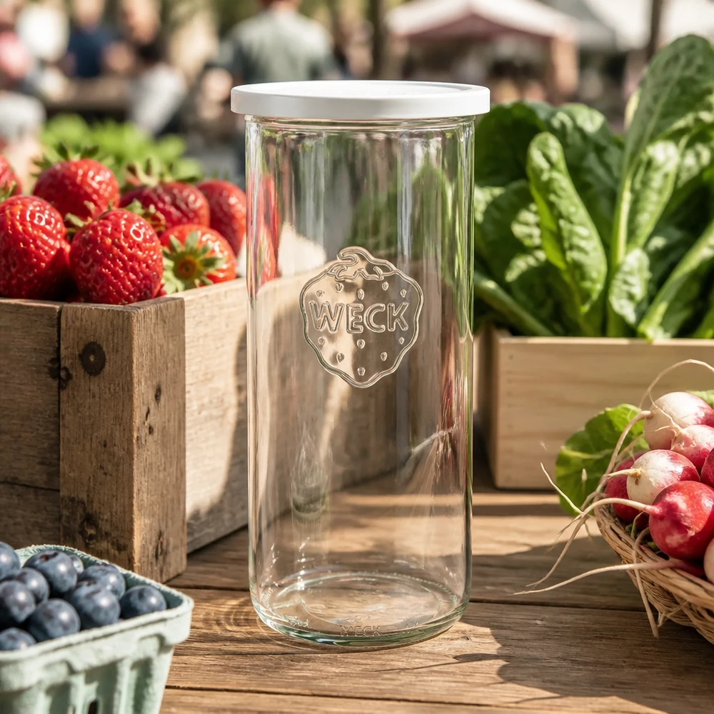 1500 ml Briller med friskhedslåg WECK RR100 WECK Sturzglas 1500ml RR100 mit Frischedeckel zwischen frischem Gemüse und Obst auf Holztisch im Markt-Ambiente