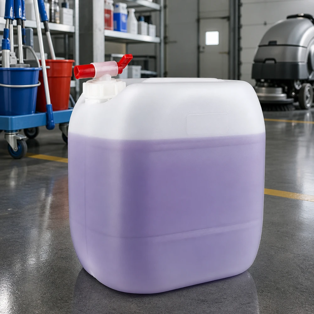 Beholder 30 liter med aftapningshane 30-liters beholder med rengøringsmiddel med lilla væske og rødt udløbshan i en industrihal