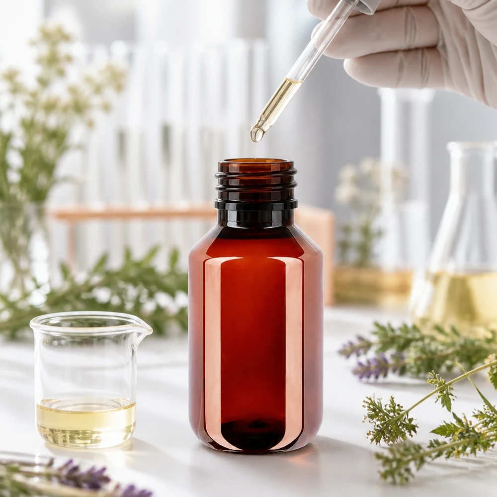 PET-flaske 100 ml med sort sprayhætte OV 100ml Rundflasche PET braun mit Originalitätsverschluss für flüssige Naturprodukte
