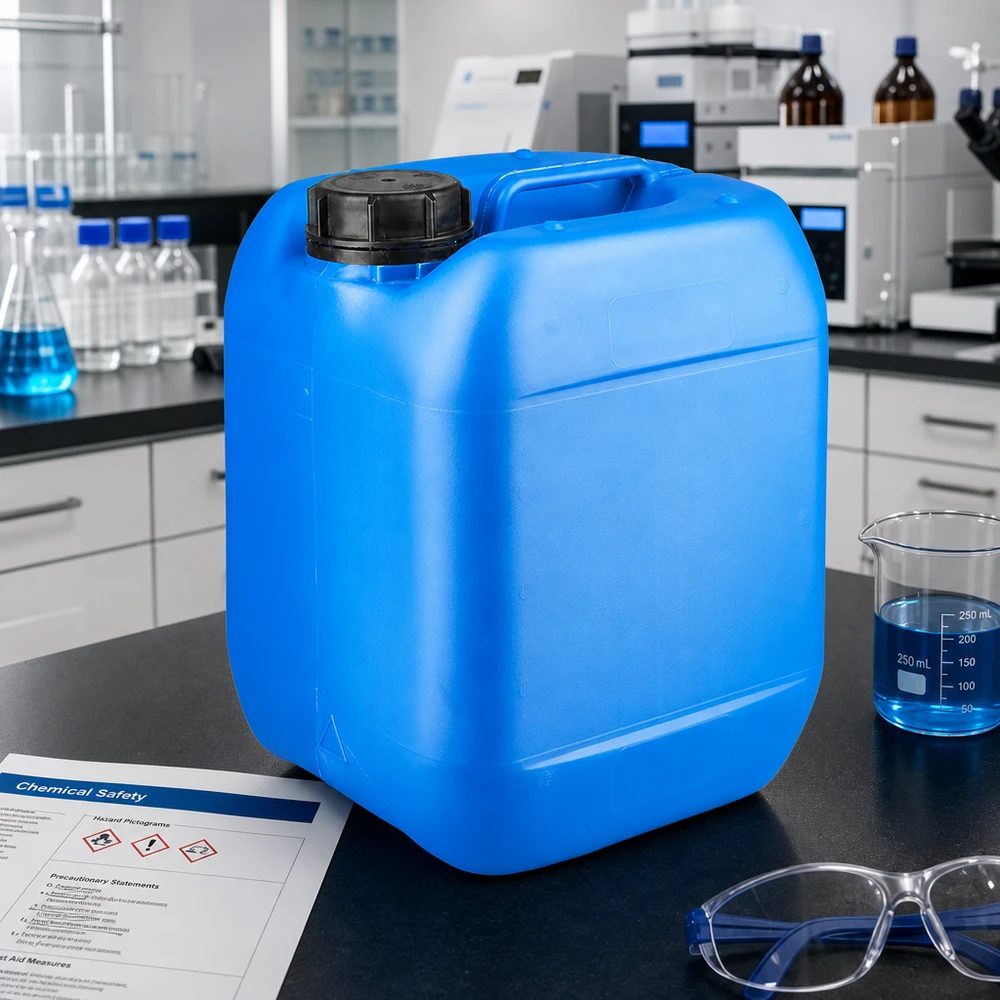 5 liters blå dunk med skruelåg OV Rektangulær plastdunk på 5 liter, blå med sort OV-låg, på laboratoriebordet