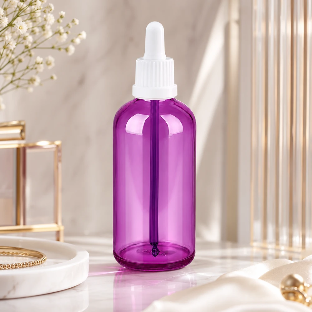 100 ml pipetteflaske hvid Originality skruelåg PurpleLine UT18/100 100 ml dråbeflaske med violet glashus og ergonomisk hvid pipettehætte