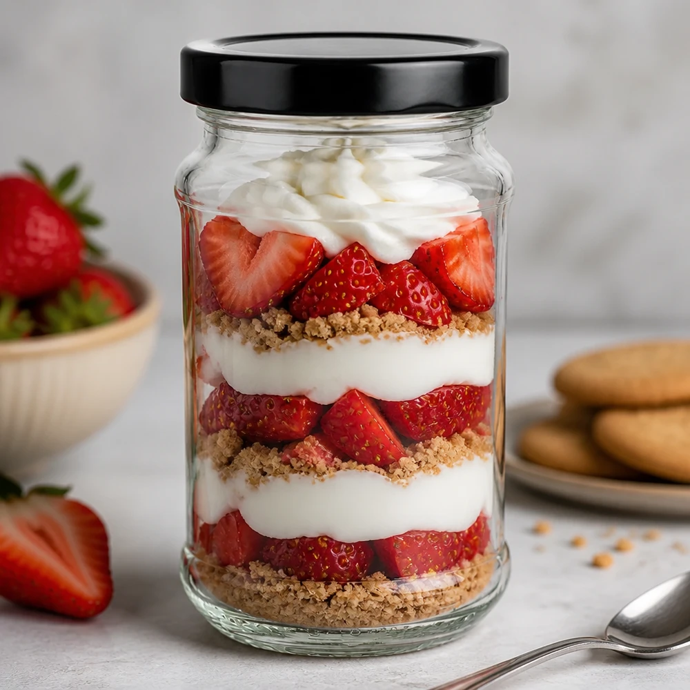 390 ml rund krukke med BasicSeal-låg sort UNiTWIST 390 ml rund krukke med sort BasicSeal-låg som dessertkrukke til jordbærtrifli - perfekt til søde sager