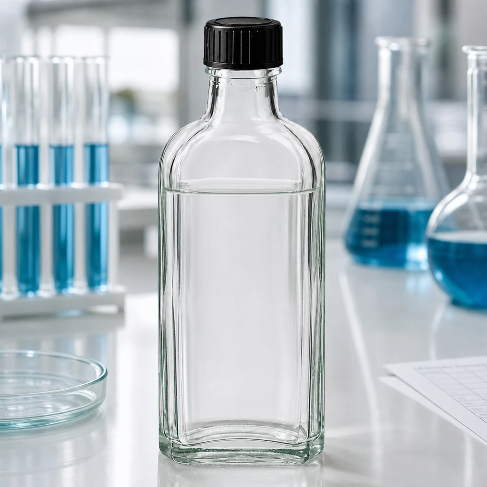 100 ml Meplat klar skruelåg med LKD-forseglingsskive Gennemsigtig Meplat-flaske på 100 ml med LKD-tætningsskive og sort låg i laboratoriet