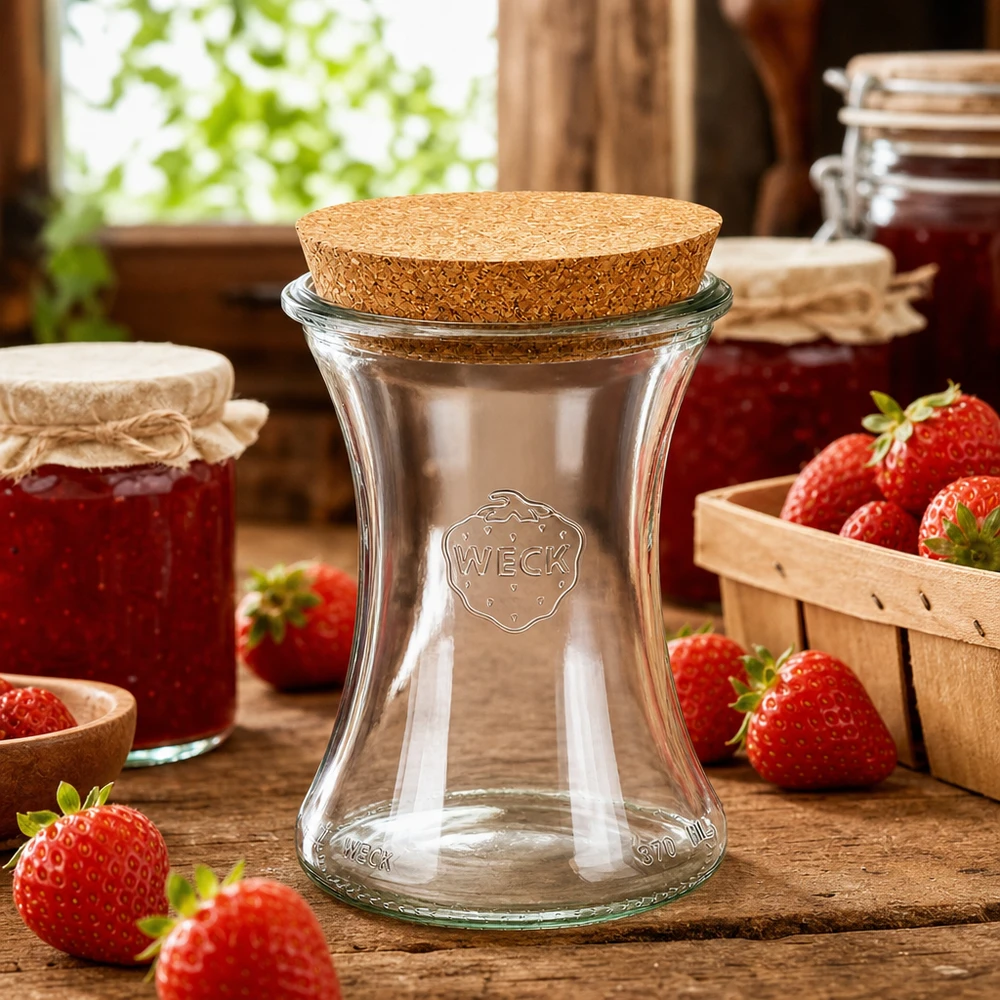 370 ml delikatesseglas WECK RR80 med kork natur WECK opbevaringsglas 370ml RR80 Livsstilsscene med jordbær og syltetøjsglas på træbord i køkken