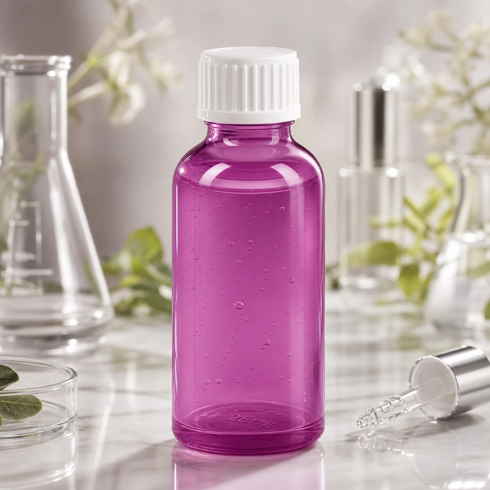 30 ml dråbeflaske 0,9 mm hvid standard PurpleLine. UT18/30 Præcis 0,9 mm dråbeåbning på 30 ml-flasken i lilla til nøjagtig dosering af væsker