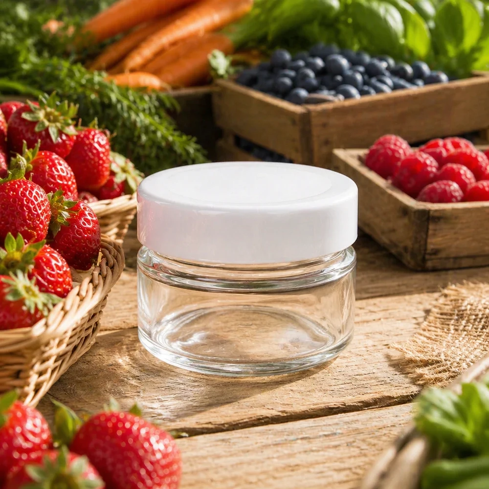 80 ml rund krukke med BasicSeal-låg hvid dyb UNiTWIST 80ml Rundglas mit weißem Deckel zwischen frischen Beeren - stilvolle Glasdose für natürliche Kosmetik und Cremes