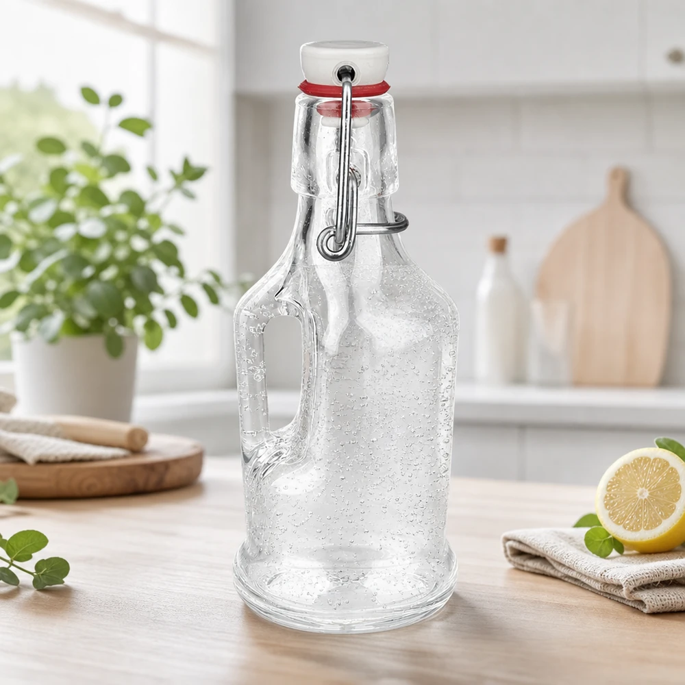 200 ml glasflaske »Bertha« og porcelænshængelåg UNiTWIST® Tom 200 ml glasflaske Bertha med vanddråber og hvid porcelænssvingprop på køkkenbordplade UNiTW