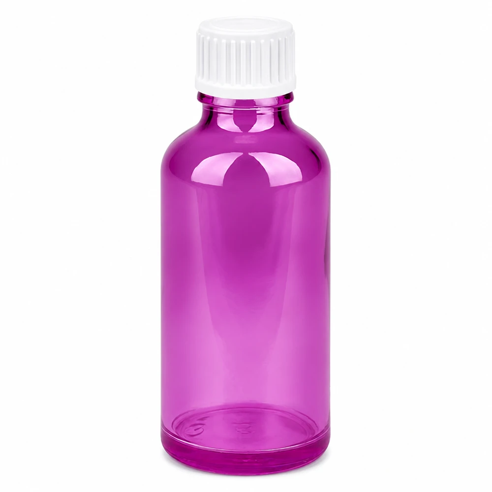 50 ml (globule) flaske 3 mm hældering hvid Standard PurpleLine. UT18/50 50 ml glasflaske med skruelåg i lyslilla farve til kosmetik og lægemidler