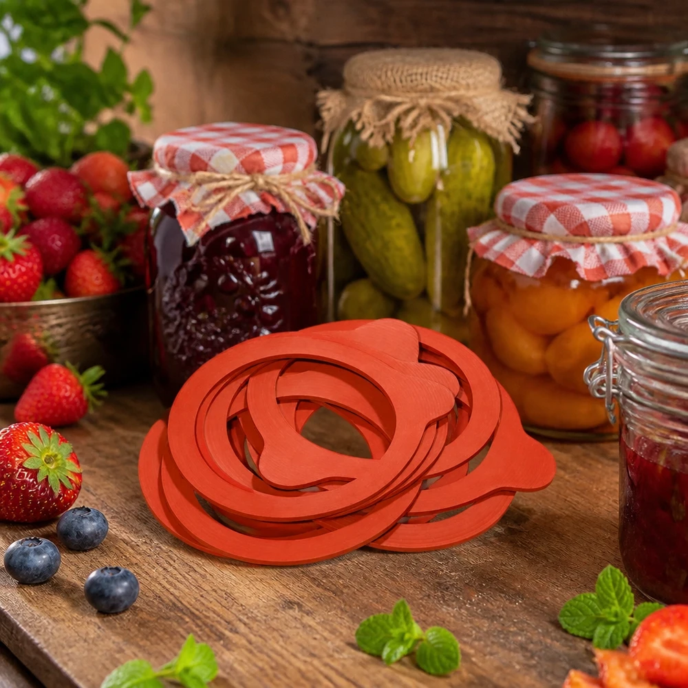 Tætningsring af naturgummi RR80 Konserveringsring RR80 naturgummi rød stablet på træplade med konserveringsglas bær pickles syltetøj konserves
