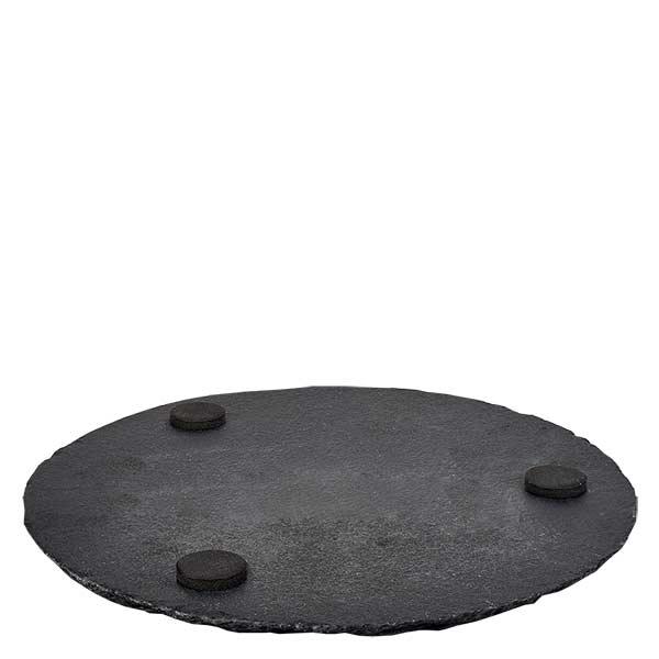 Serveringsfad i skifer, rundt Ø 150 mm Skiferplade rund 15 cm med tre sorte gummifødder til skridsikker opstilling på hvid baggrund