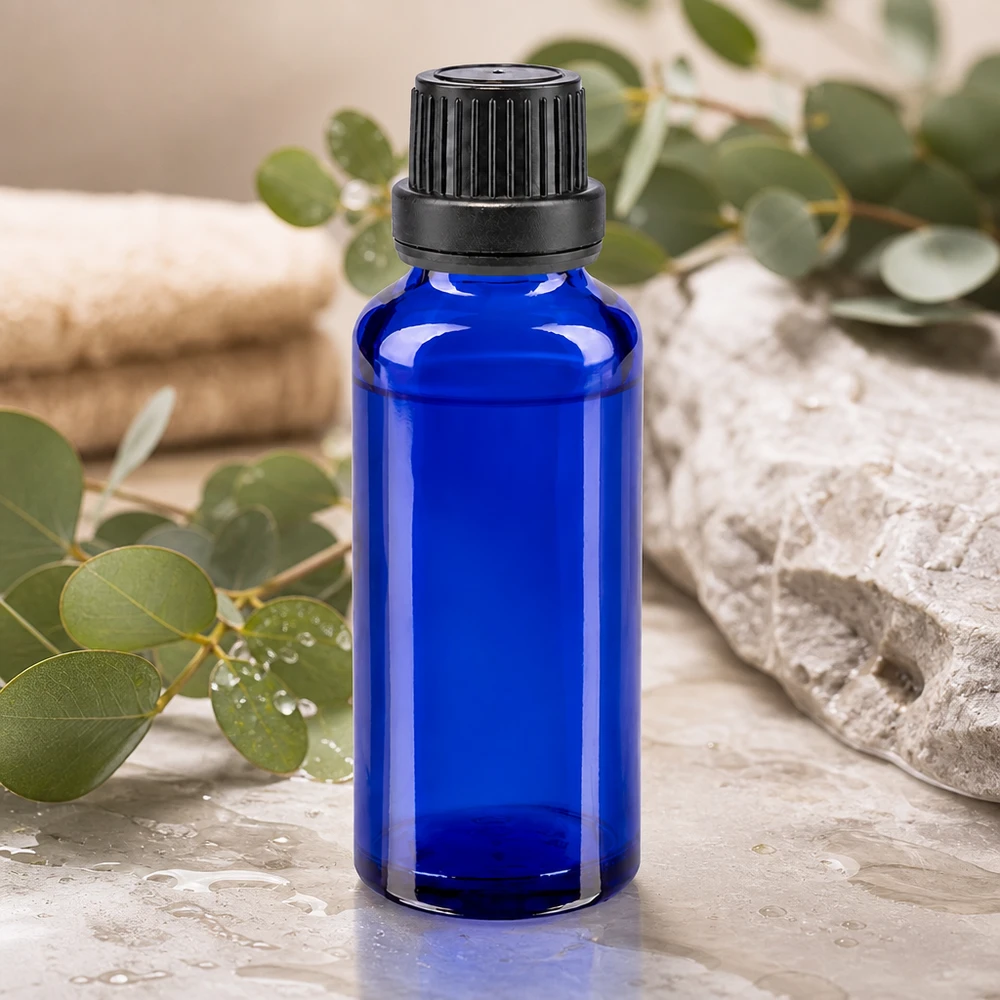 Apoteksflaske blå 30 ml skruelåg sort tæt OV Koboltblå 30 ml apotekerflaske med sort OV-lukning på natursten med eukalyptusgrene