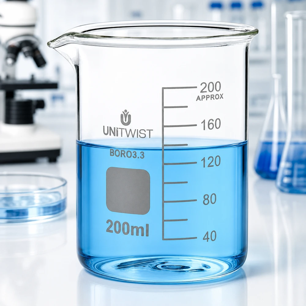 Bæger 200 ml borosilikat, lav skimmel UNiTWIST UNiTWIST 200 ml bägerglas af borosilikatglas, lav model, med blå væske i laboratoriet