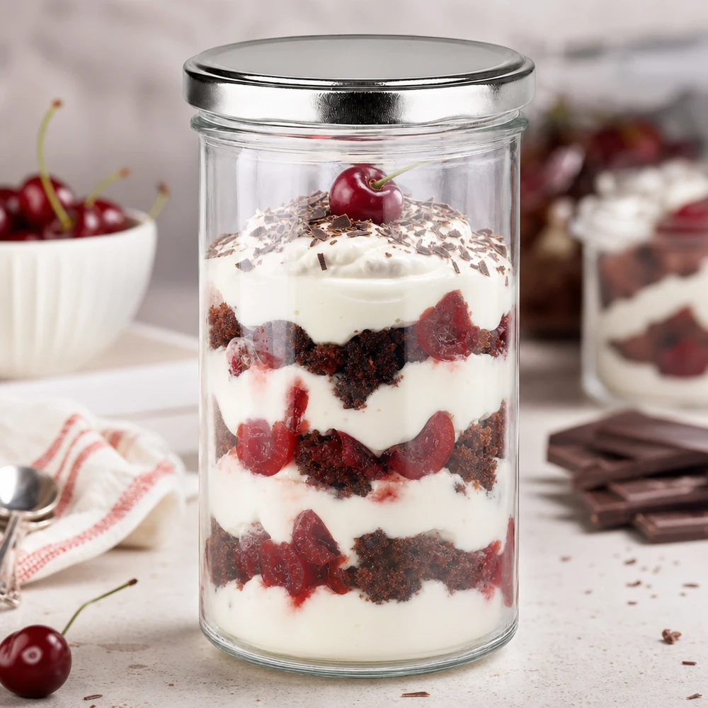 277 ml Briller med BasicSeal-låg sølv UNiTWIST 277ml Sturzglas mit silbernem BasicSeal Deckel gefüllt mit Schichtdessert Kirsch-Schokolade perfekt für Desserts