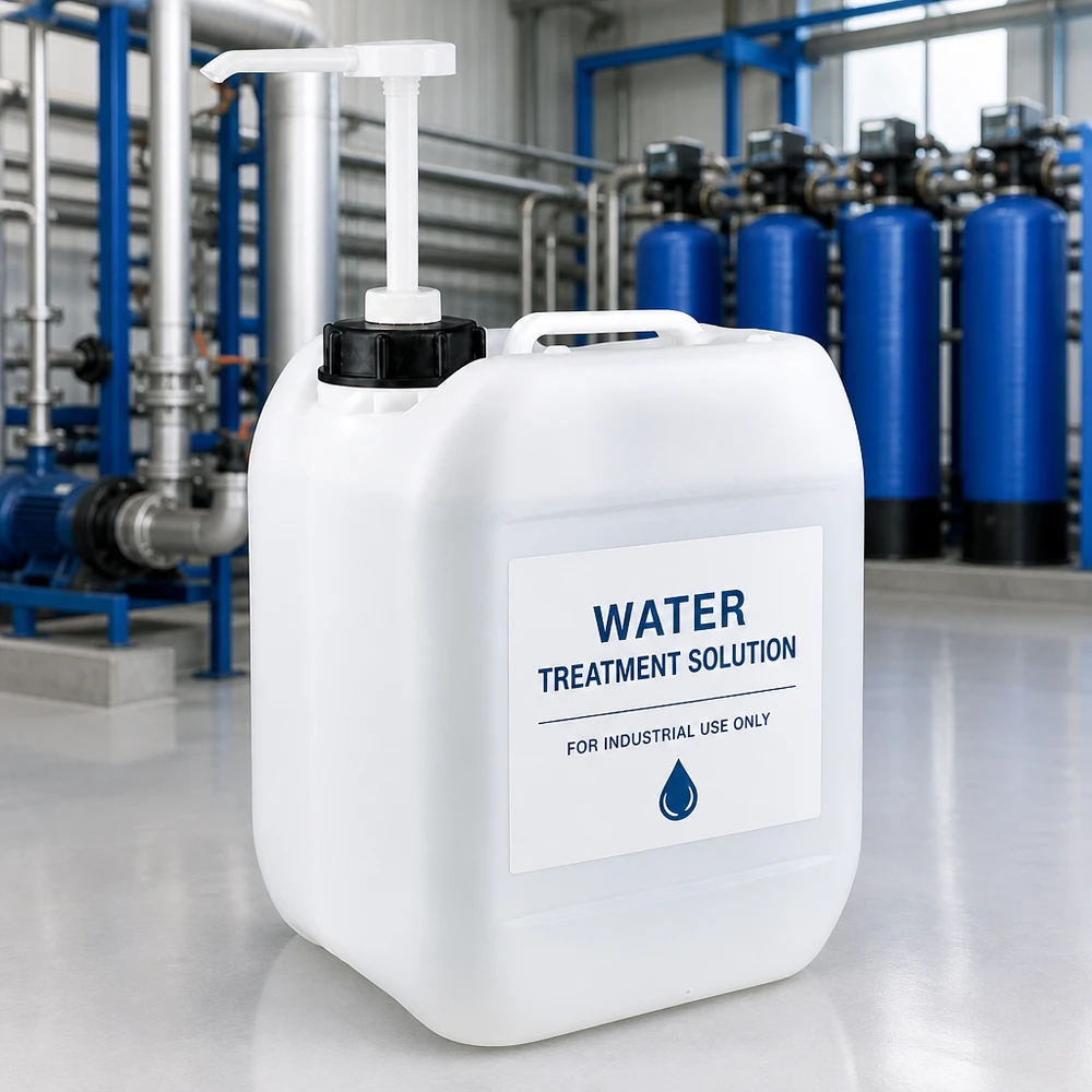 Beholder 5 liter med doseringspumpe Hvid 5-liters vandbehandlingsdunk med doseringspumpe foran et blåt industrielt vandrensningsanlæg