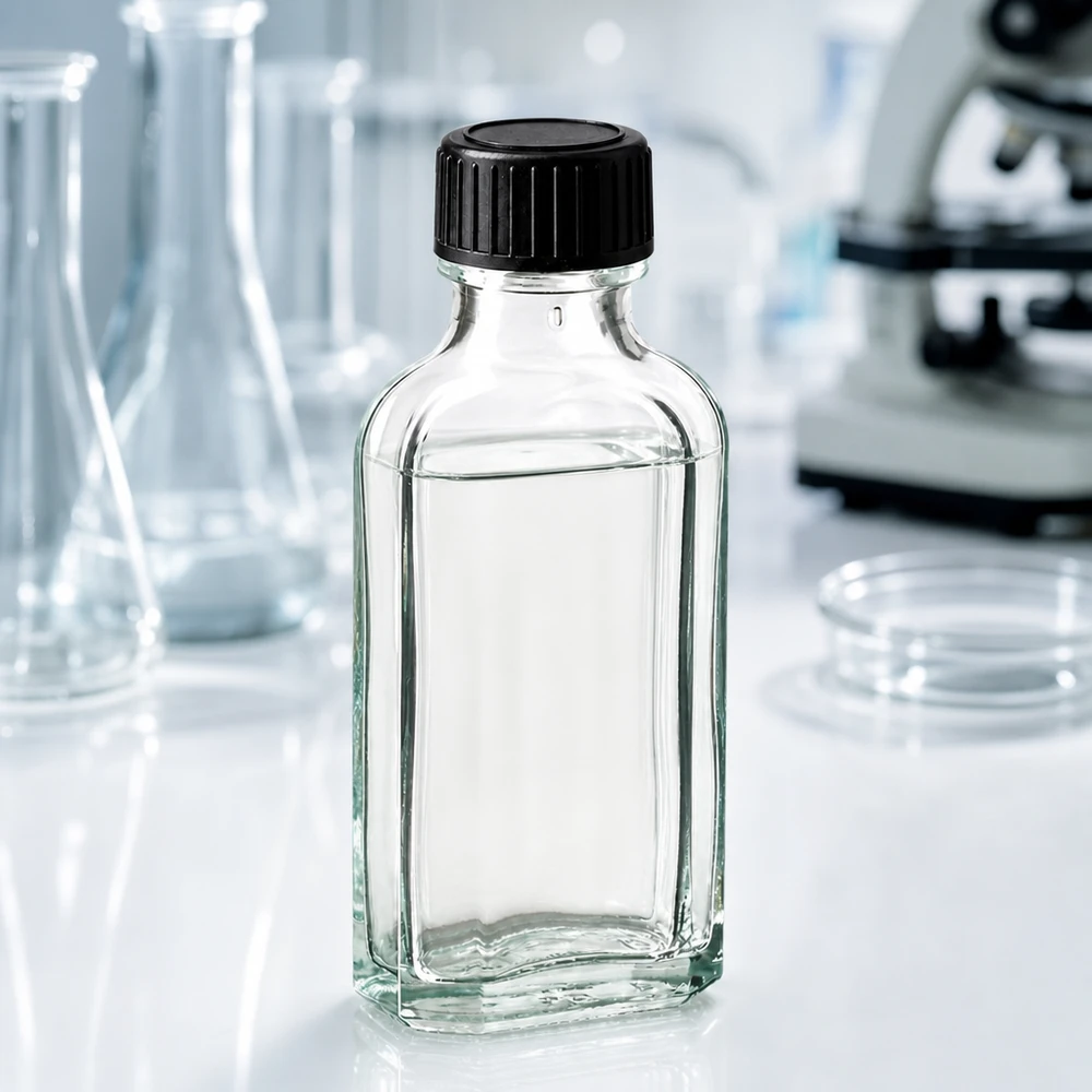 50 ml Meplat klar skruelåg med LKD-forseglingsskive Gennemsigtig 50 ml Meplat-flaske med sort plastlåg på en hvid laboratorieoverflade