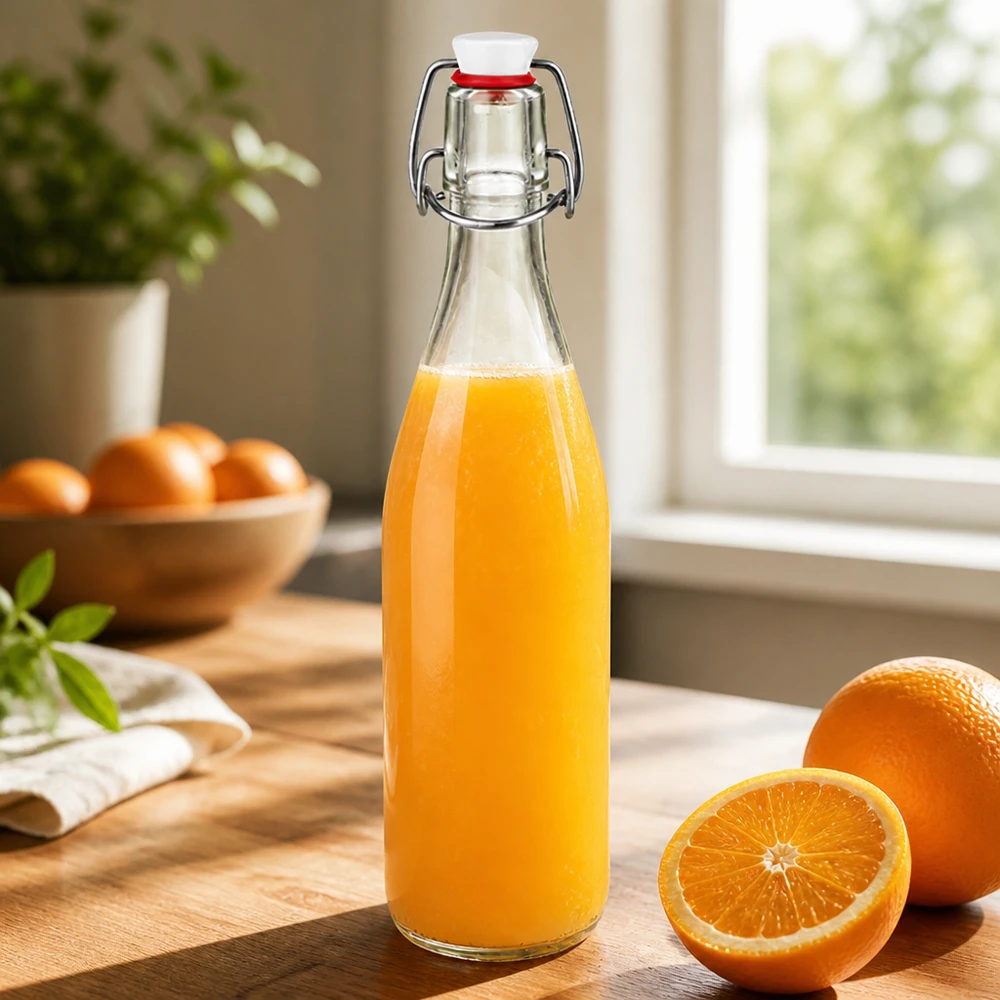 500 ml glasflaske og hængelåg porcelæn UNiTWIST Glasflaske med 500 ml svingtop fyldt med appelsinjuice på træplade ved siden af friske appelsiner i køkkenet