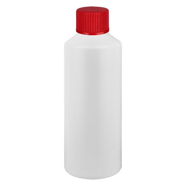 Apoteksflaske HDPE 100ml hvid, med rød SV Apoteksflaske HDPE 100ml hvid, med rød SV