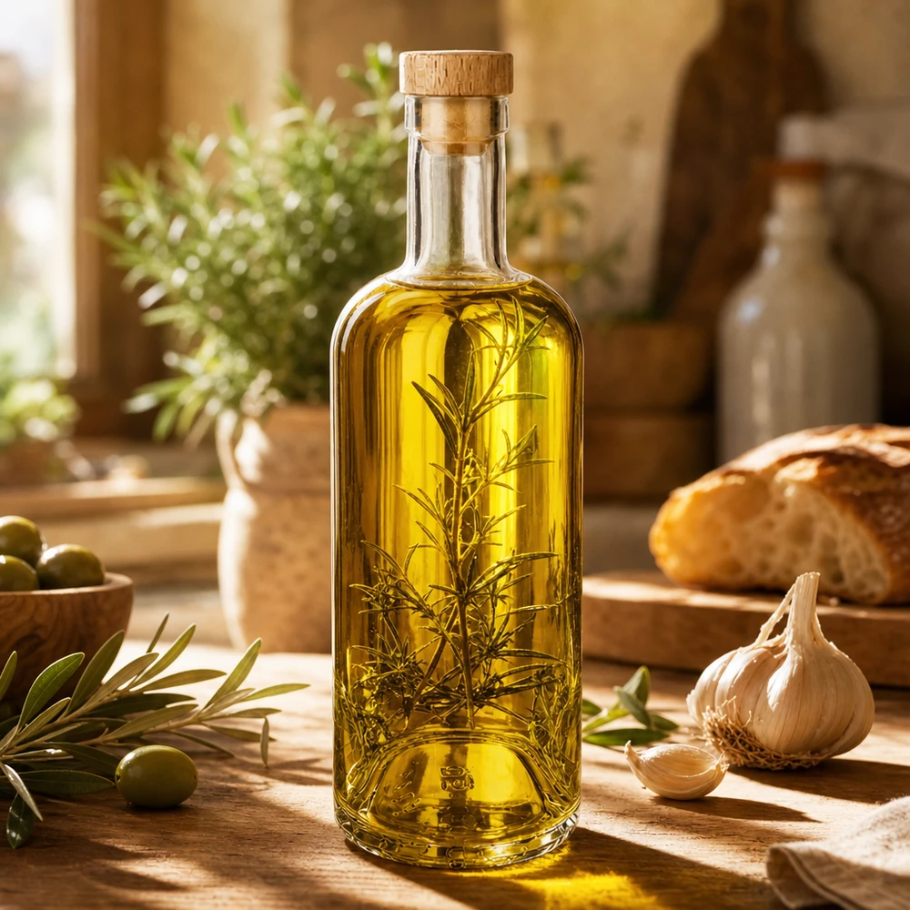 750 ml glasflaske »Emma« med træhåndtag UNiTWIST® 750ml Glasflasche Emma mit Holzkorken gefüllt mit Kräuteröl Rosmarin in mediterraner Küche mit Oliven Knoblauch Brot