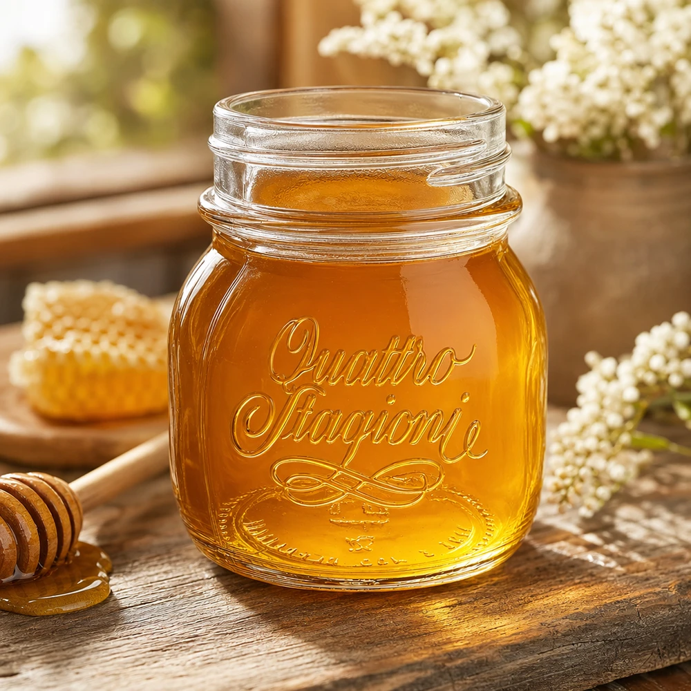 150 ml husholdningsglas "Quattro Stagioni" 150 ml Quattro Stagioni-husholdningskrukke fyldt med honning på et rustikt træbord med honningkage og blomster