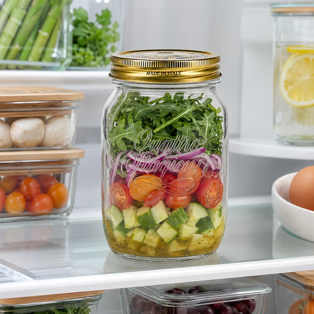 1000 ml rund krukke "Quattro Stagioni" med låg Quattro Stagioni 1000 ml syltetøjsglas med lagdelte salatgrøntsager Rucola i køleskabet Italiensk syltetøjsglas