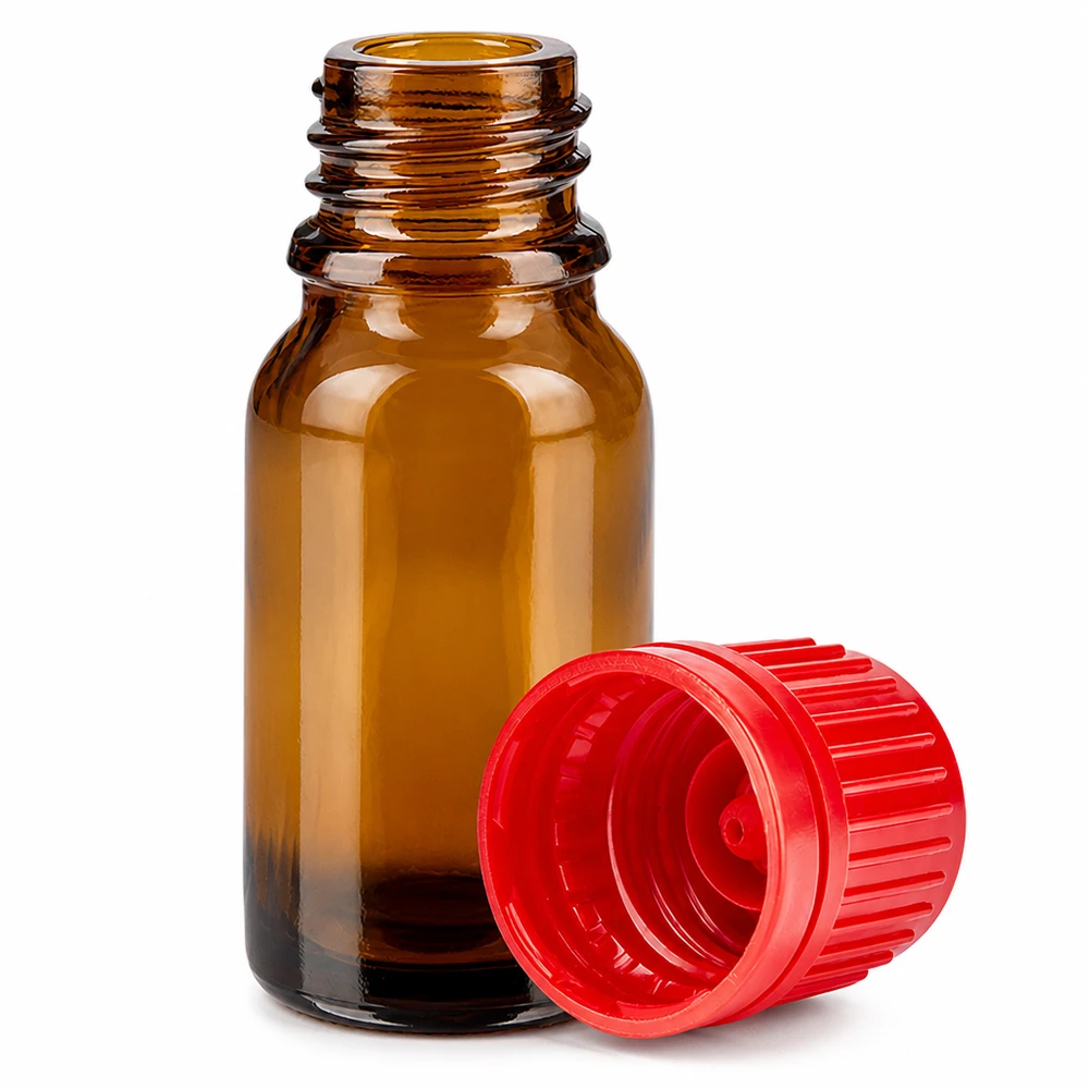 10 ml flaske 11 mm SV rød OV BrownLine UT18/10 Lille 10 ml ravfarvet glasflaske med 11 mm gevind og rød hætte til præcis dosering