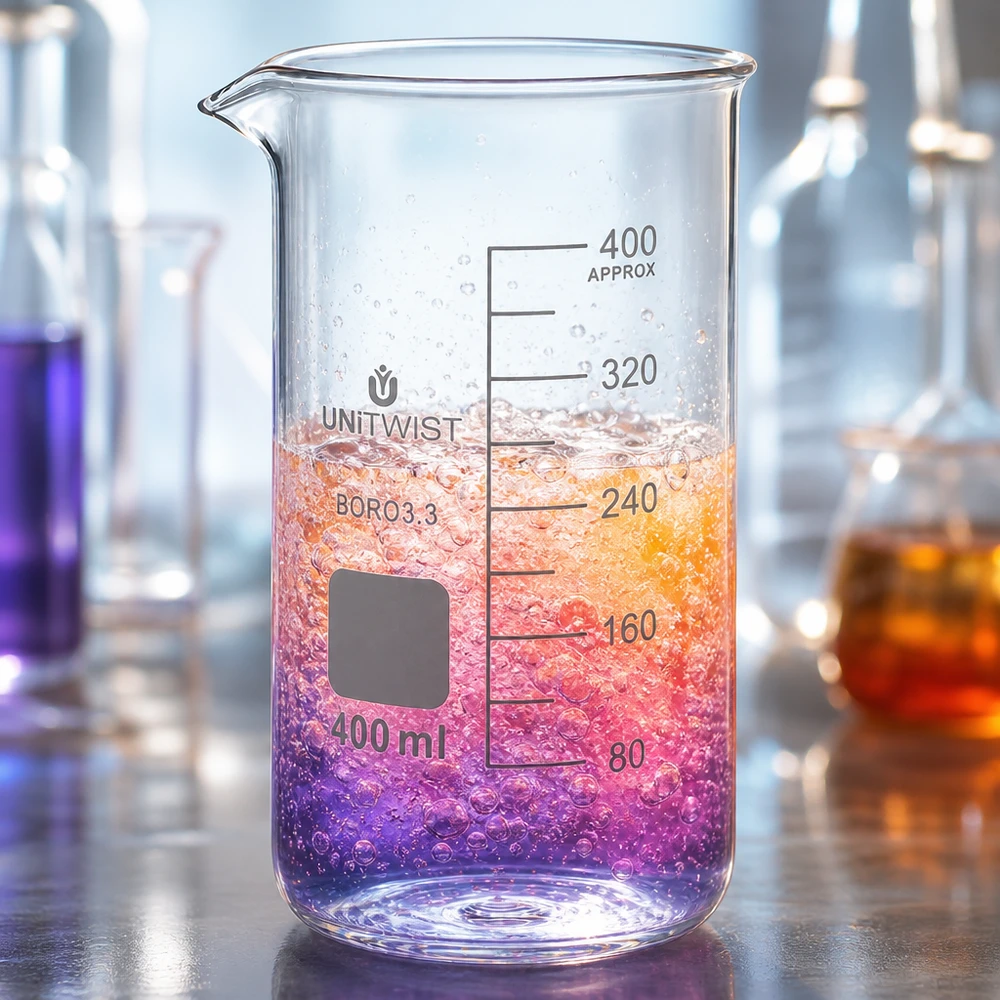 Bægerglas 400 ml borosilikat, høj form UNITWIST UNITWIST-bægerglas, 400 ml, høj model med farvet væske og bobler i et professionelt laboratoriemiljø