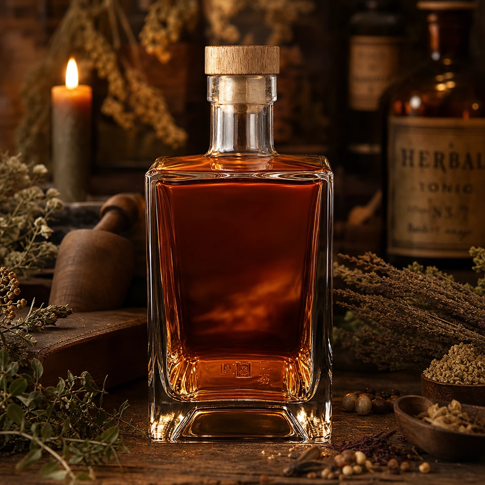 700 ml glasflaske »Ben« med træhåndtagskork UNiTWIST® 700 ml glasflaske Ben fyldt med whisky rustikt urtelys atmosfære brun spiritus træprop UNiTWIST