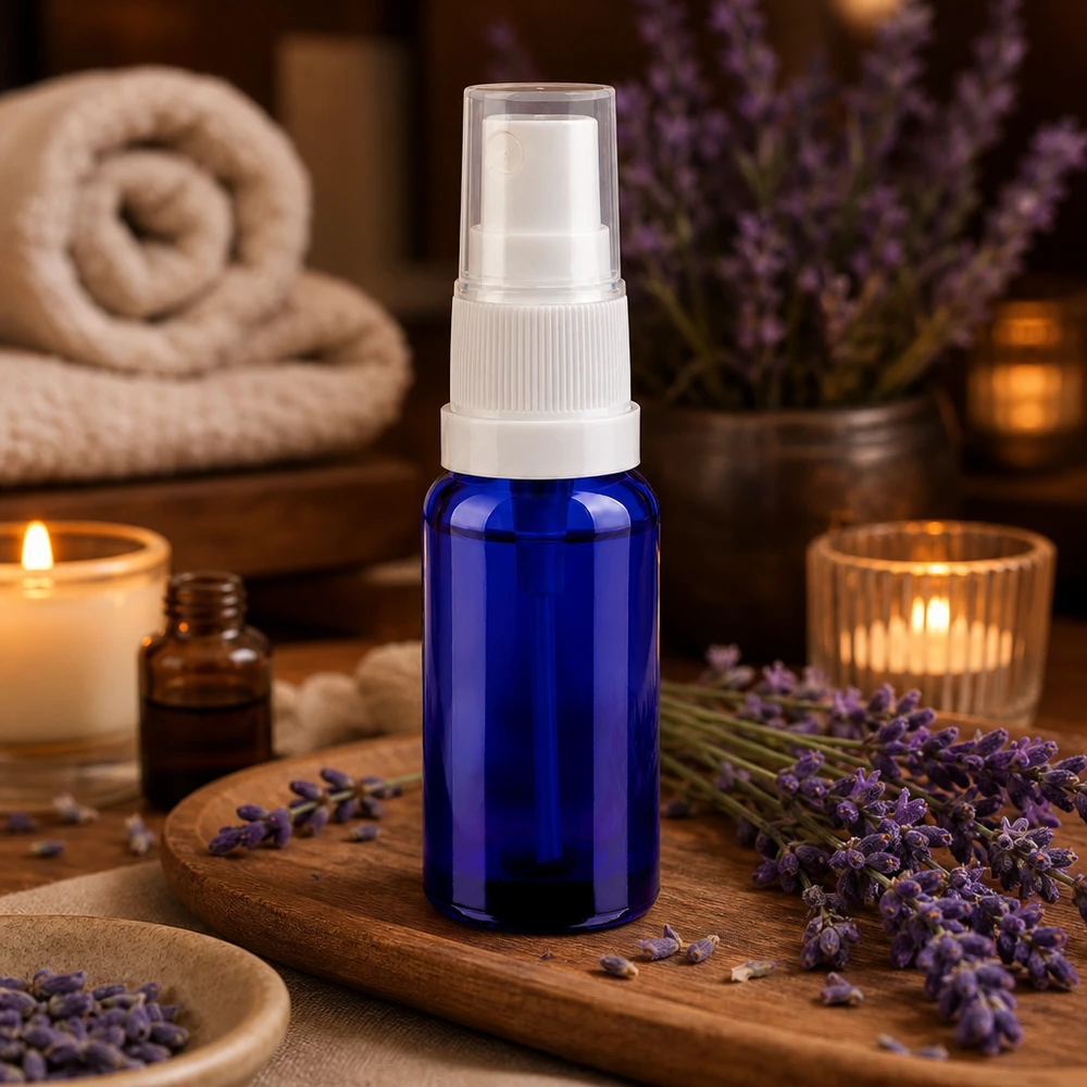 Gennemsigtig 20 ml sprayflaske af robust glas med hvid pumpesprøjte til aromaterapi