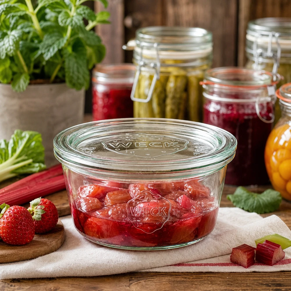 290 ml lavt glas med glaslåg WECK RR100 WECK tumlingkrukke 290 ml RR100 fyldt med rabarber- og jordbærmarmelade til opbevaring med syltetøjsglas og friske ingredienser
