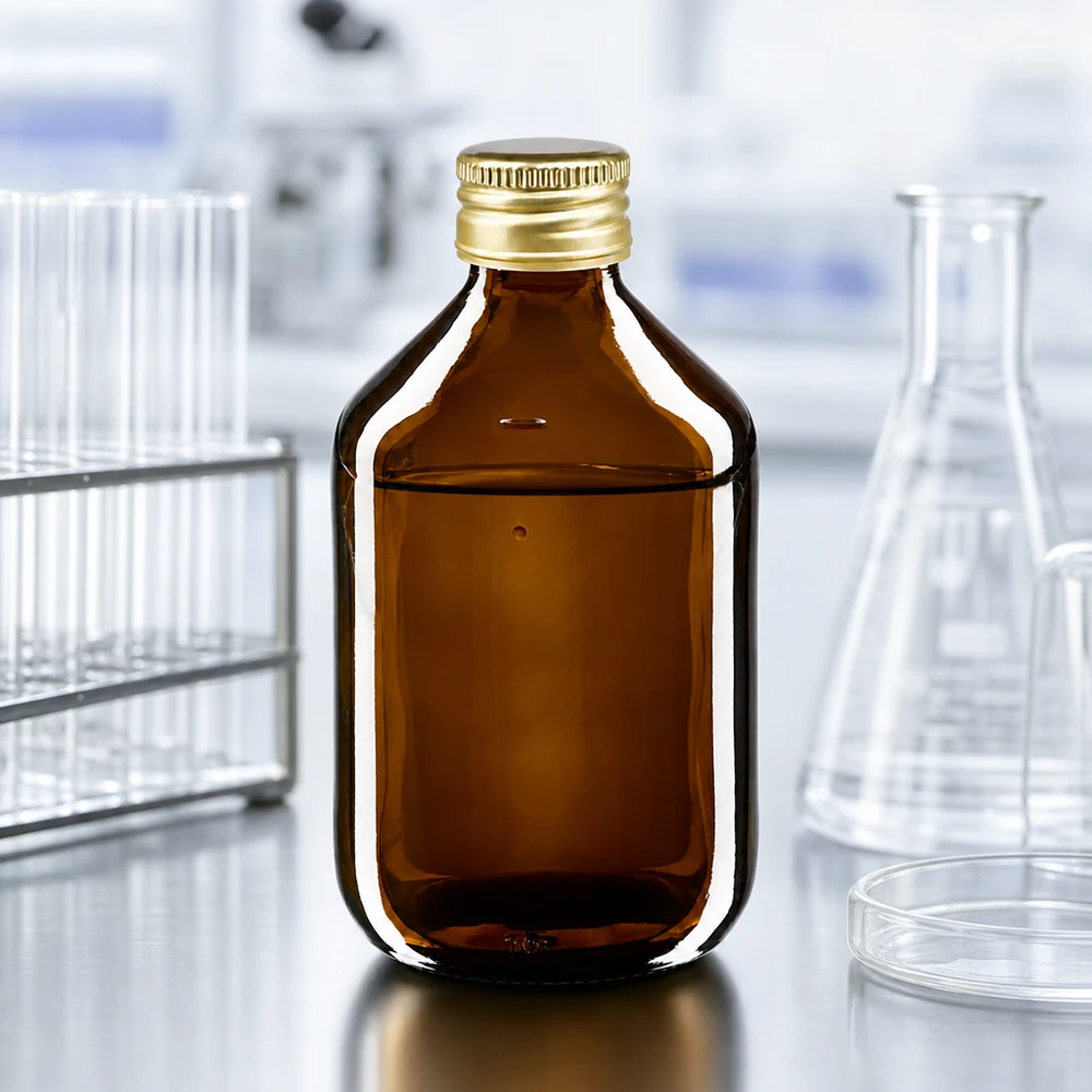 300 ml medicinflaske brun, med hætte i guldaluminium ApoGlas. Farmaceutisk kvalitet fra EU-produktion. 28 mm (PP28) gevind. (sirup, let glasflaske) 300 ml apotekerflaske af høj kvalitet lavet af ravfarvet glas med elegant guldhætte til laboratoriebrug