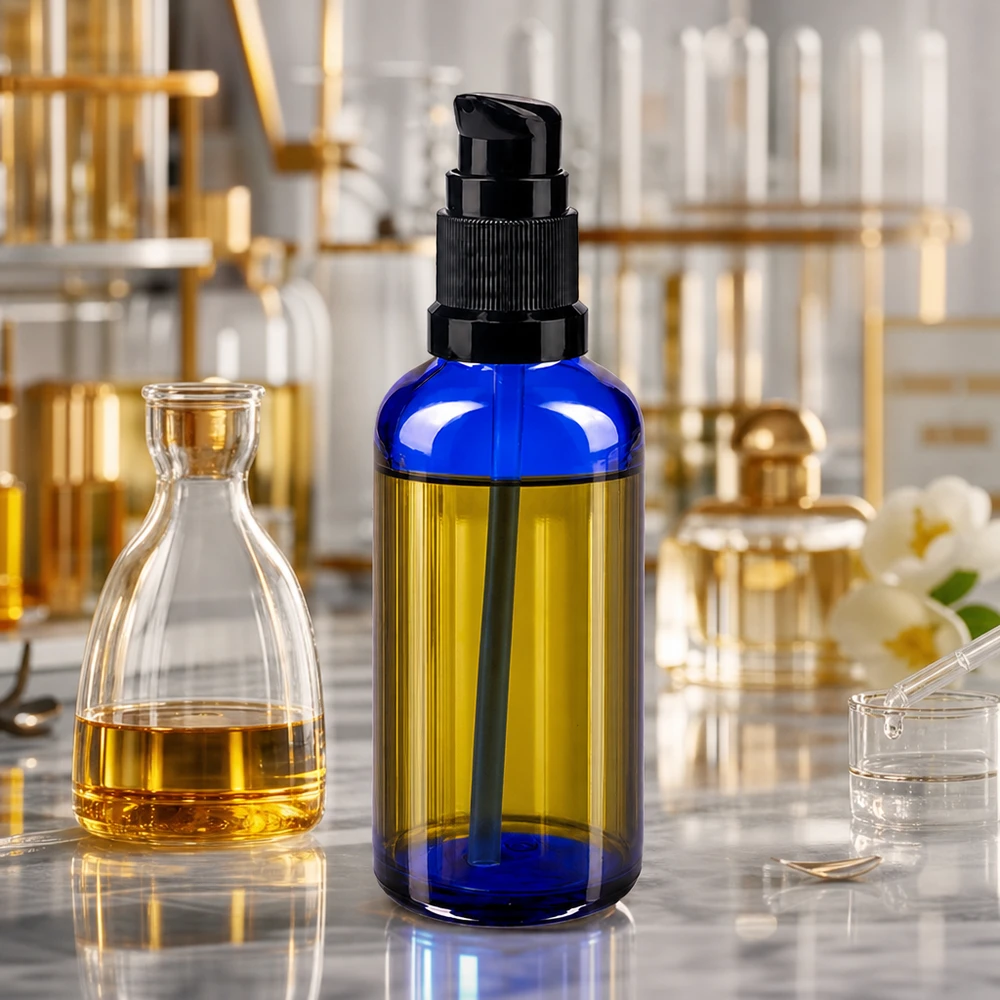 Apoteksflaske blå 50ml pumpehætte sort St Lille blå apotekerflaske på 50 ml med sort pumpehoved til kosmetikprodukter