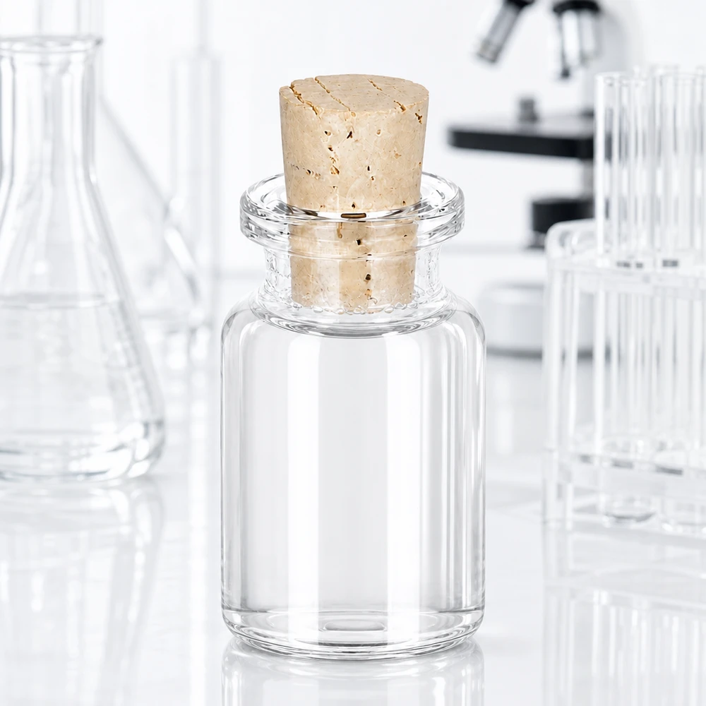 Klar glasflaske 10ml med kork 11/14mm Medizinflasche 10ml Klarglas mit eingestecktem Naturkork vor Laborausstattung