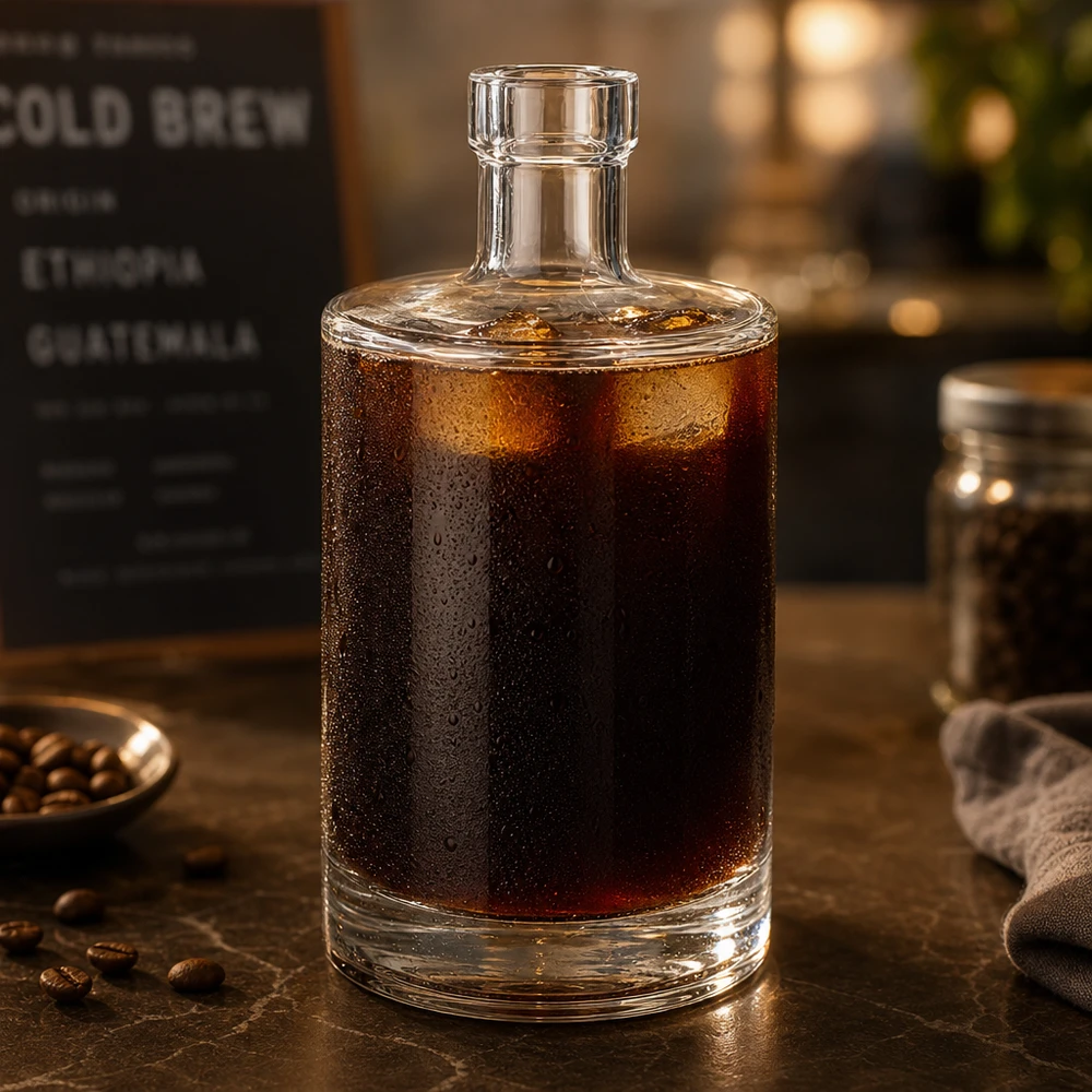 500 ml glasflaske »Marie« uden låg UNiTWIST® 500 ml glasflaske Marie fyldt med koldbrygget kaffe viser, at den er velegnet til kolde drikke og caféstemning