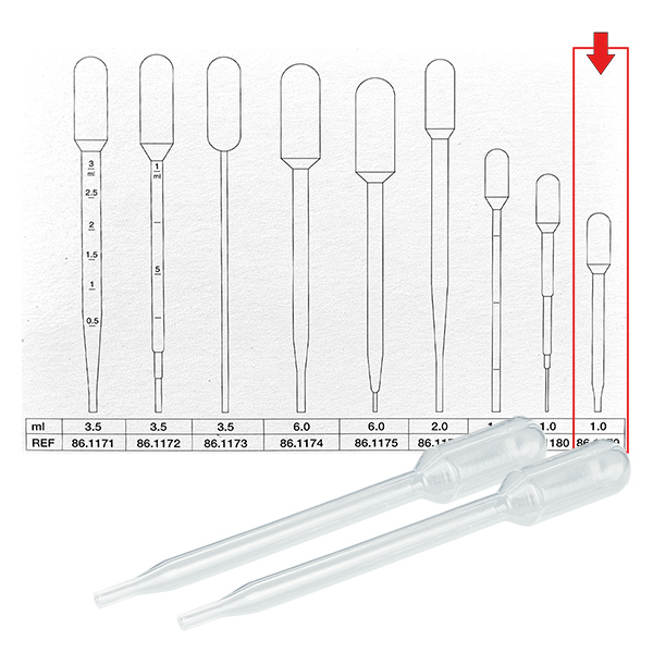 Transferpipette, nominel volumen: 1 ml, (LxB): 87 x 10 mm, materiale: LD-PE, transparent, dråbestørrelse: 30 µl - 45 µl, 750 stk./karton Transferpipette, nominel volumen: 1 ml, (LxB): 87 x 10 mm, materiale: LD-PE, transparent, dråbestørrelse: 30 µl - 45 µl, 750 stk./karton