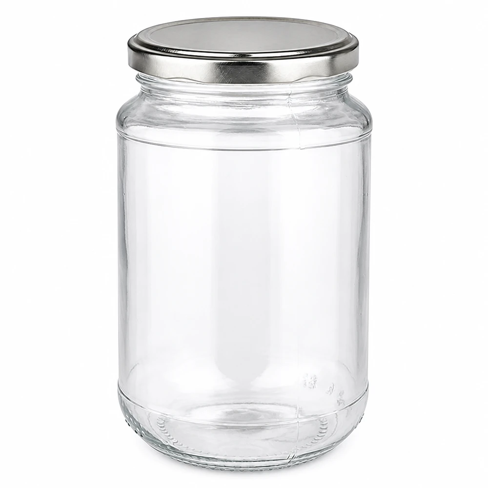 320 ml rundt glas + BasicSeal sølv UNiTWIST 320 ml rundt glas med sølvfarvet BasicSeal Twist-Off-låg af klart glas til marmelade og konserves