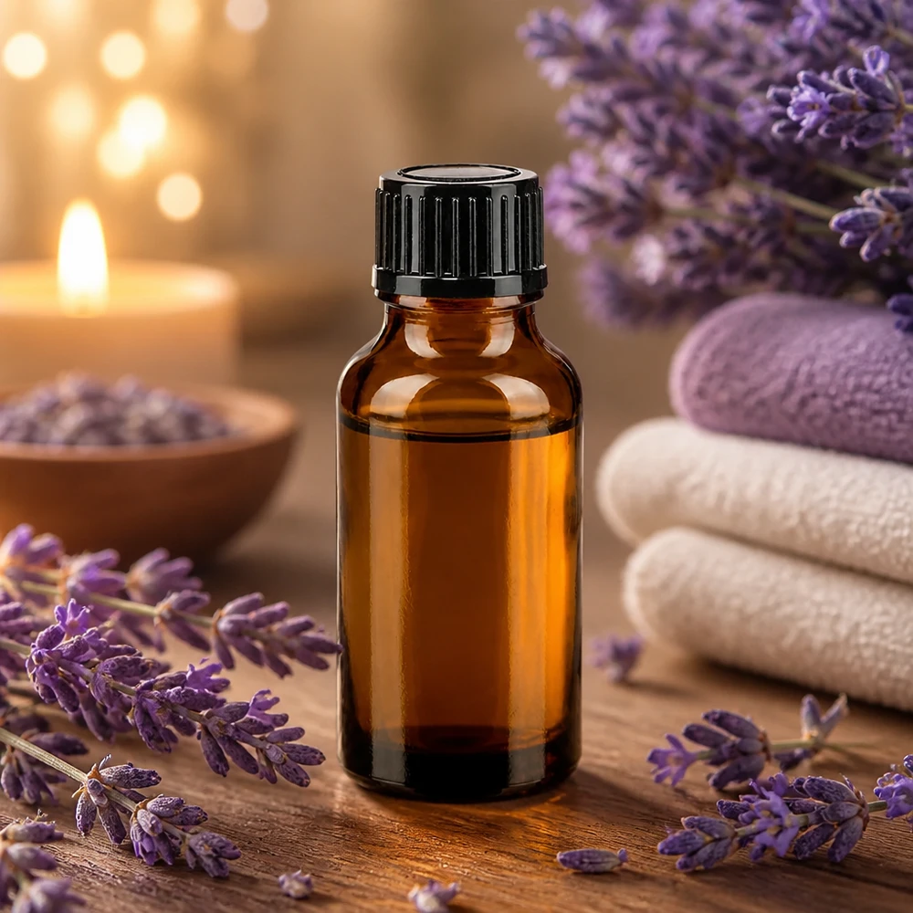 Apoteksflaske brun 20ml skruelåg sort pc Lille brun apotekerflaske på 20 ml med lavendelblomster på træbaggrund
