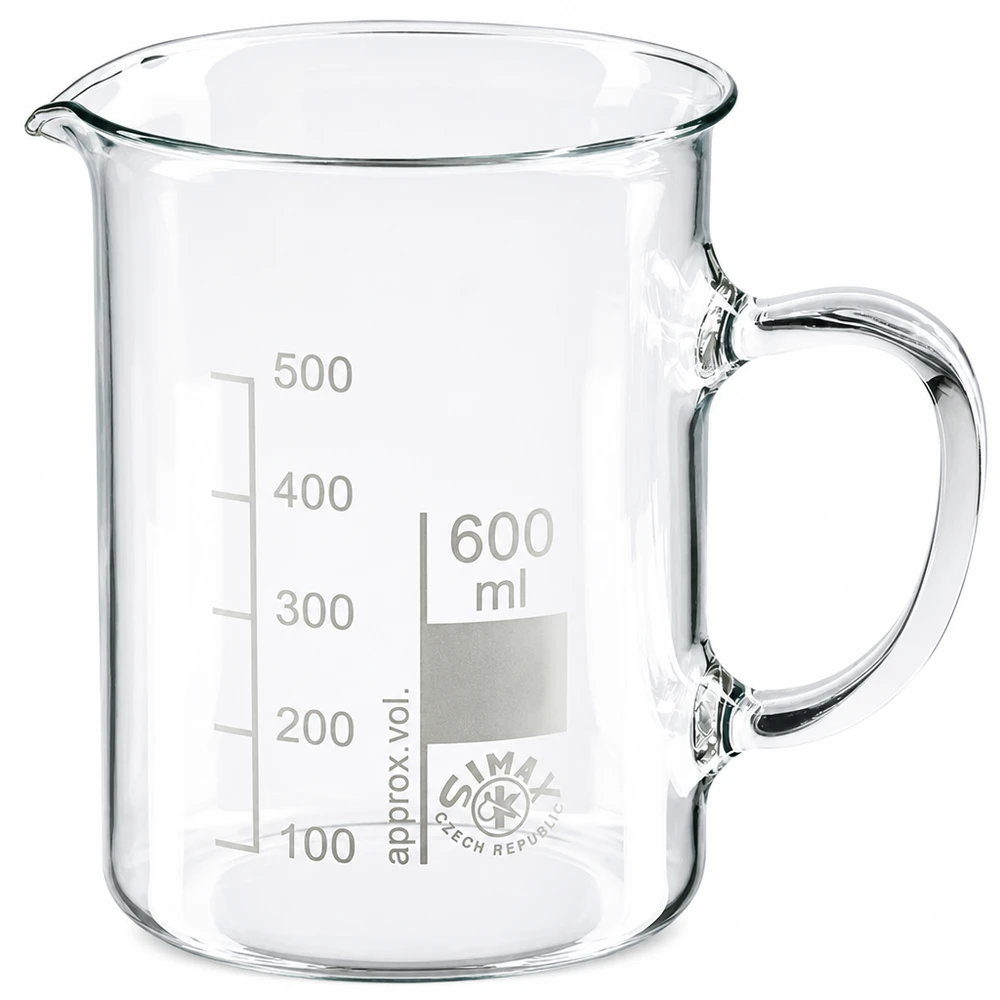 Bæger 600 ml borosilikatglas, med håndtag 600 ml bægerglas af borosilikatglas med hank og milliliterskala op til 500 ml