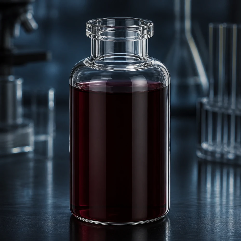 Injektionsflaske i klart glas 30 ml Medizinische Klarglasflasche 30ml fast vollständig befüllt mit dunkelroter Injektionslösung