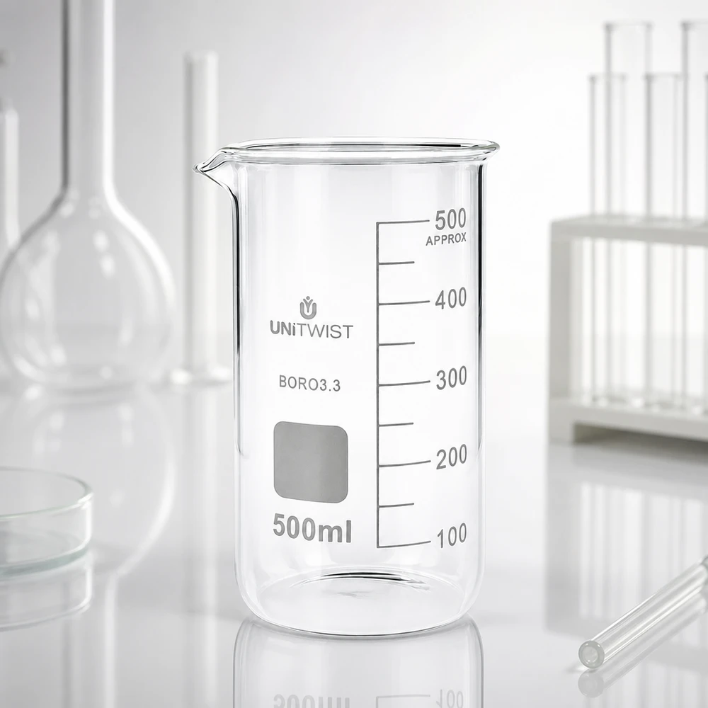 Tomt, gennemsigtigt laboratoriebæger på 500 ml, høj model UNITWIST med måleskala på hvid baggrund
