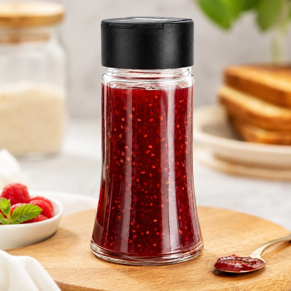 Salt-/krydderikrukke 95 ml med dobbelt strøer, sort Hindbærsyltetøj i en 95 ml glasbeholder med sort låg med dobbelt drysser på et træbræt med toast