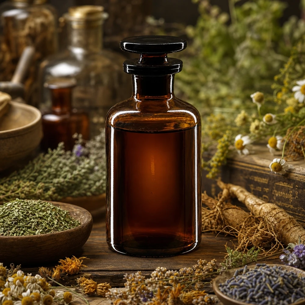 Rund skulderflaske 50 ml brun glasprop med smal hals Flaske med afrundede skuldre, 50 ml, brunt glas, med smal hals og glasprop til urteekstrakter