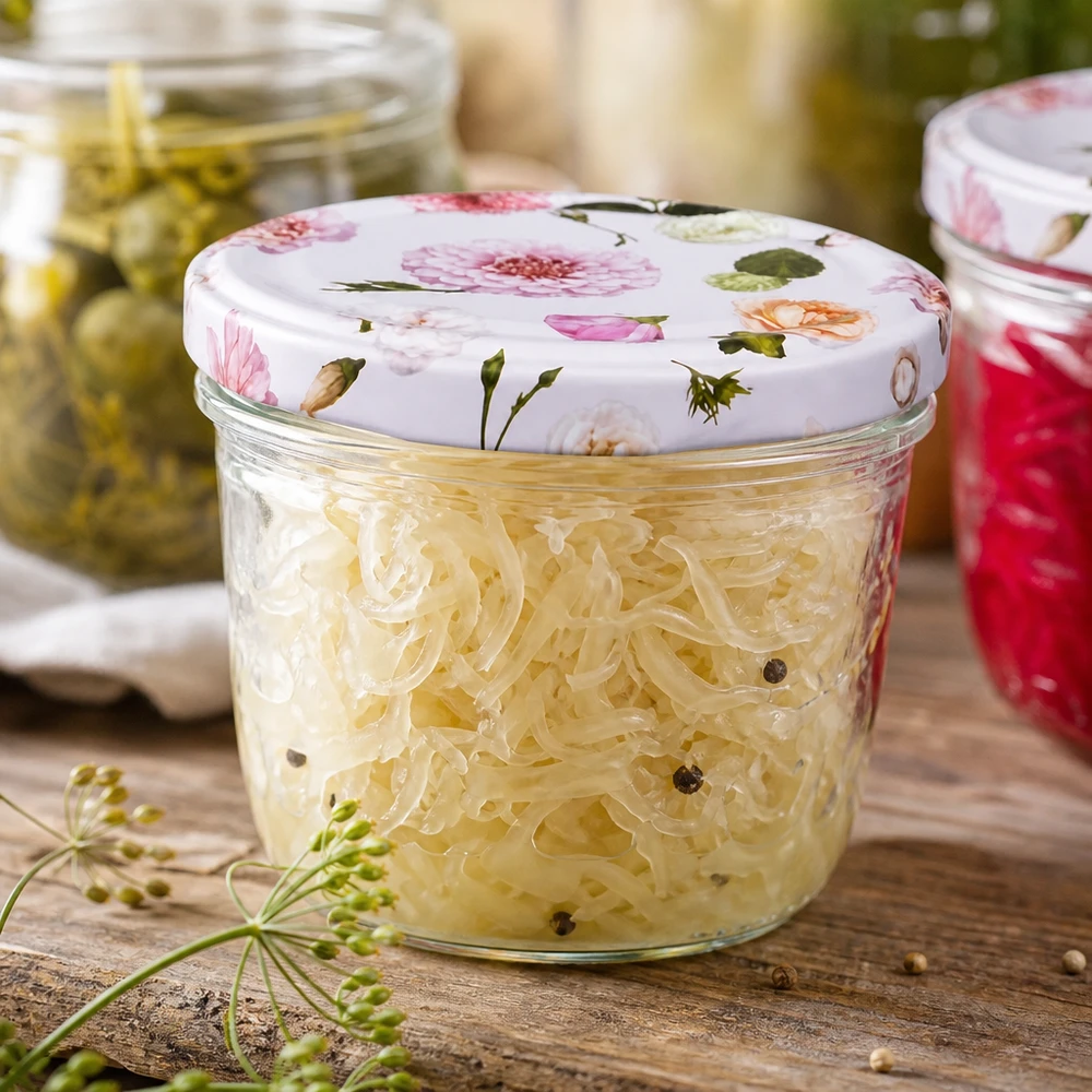 230 ml væltet glas + BasicSeal låg Blume rosa UNiTWIST Sauerkraut i 230 ml krukke BasicSeal låg pink blomstermønster fermenteret mad køkken dekoration rustik