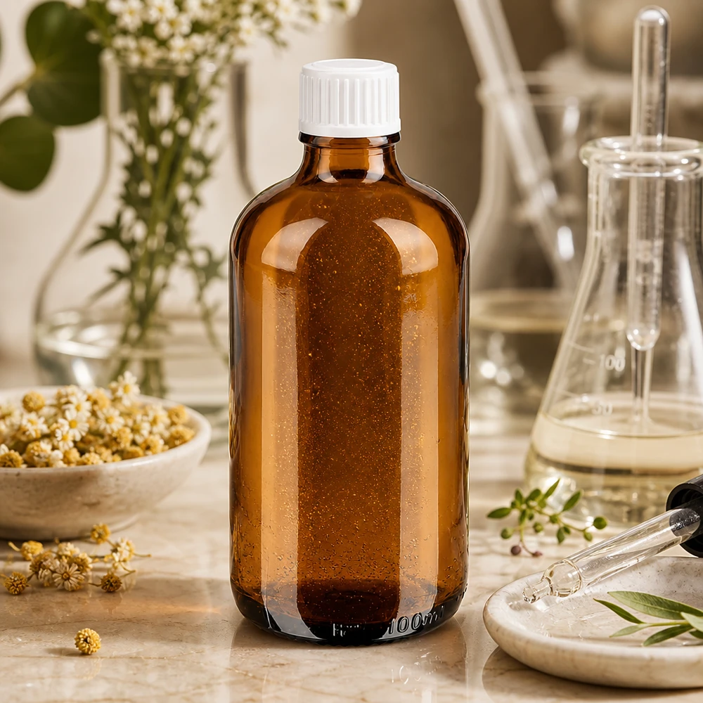 100 ml brun apotekerflaske med hvid skruelåg mellem kamille og laboratorieudstyr