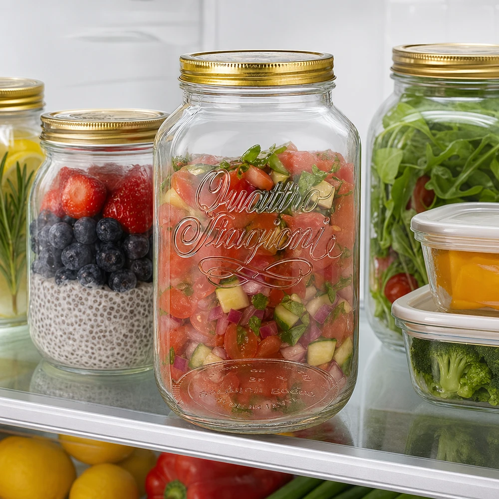 3800 ml rundt glas "Quattro Stagioni" med låg Quattro Stagioni 3800 ml syltetøjsglas fyldt med salsa og bær i køleskabet Meal Prep Storage