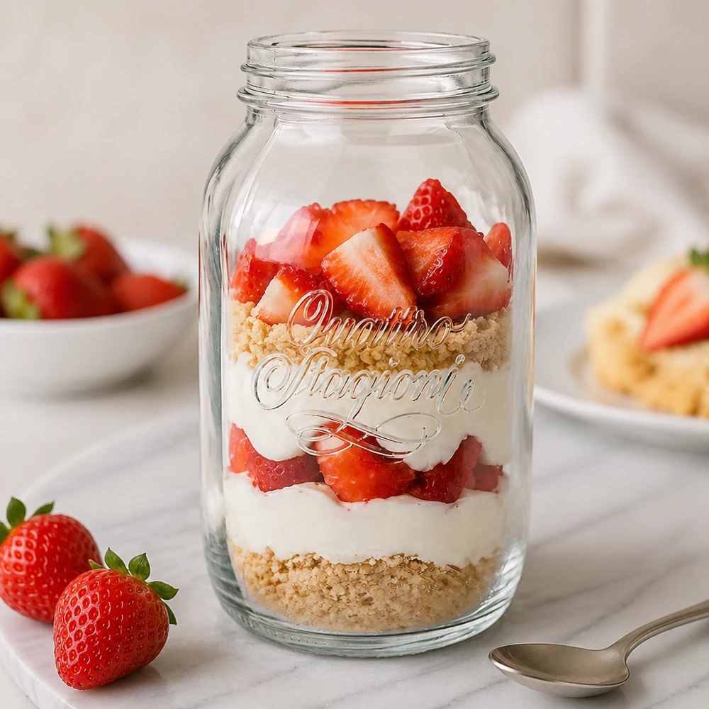 1500 ml husholdningsglas "Quattro Stagioni" Quattro Stagioni 1500ml Einmachglas mit Schichtdessert aus Erdbeeren und Creme - perfekt für Meal Prep und Aufbewahrung