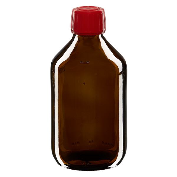 250 ml medicinflaske brun, rød hætte med tyverisikring ApoGlas. Farmaceutisk kvalitet fra EU-produktion. 28 mm (PP28) gevind. (sirup, lys glasflaske) 250 ml medicinflaske brun, rød hætte med tyverisikring ApoGlas. Farmaceutisk kvalitet fra EU-produktion. 28 mm (PP28) gevind. (sirup, lys glasflaske)
